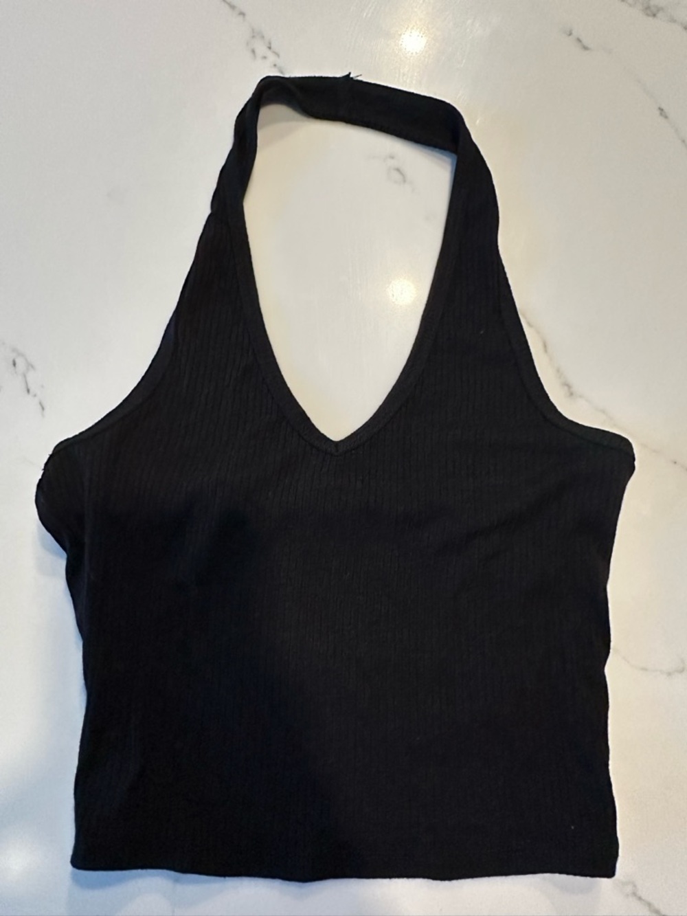 Fashion Nova Black Ribbed V-Neck Halter Crop Tank